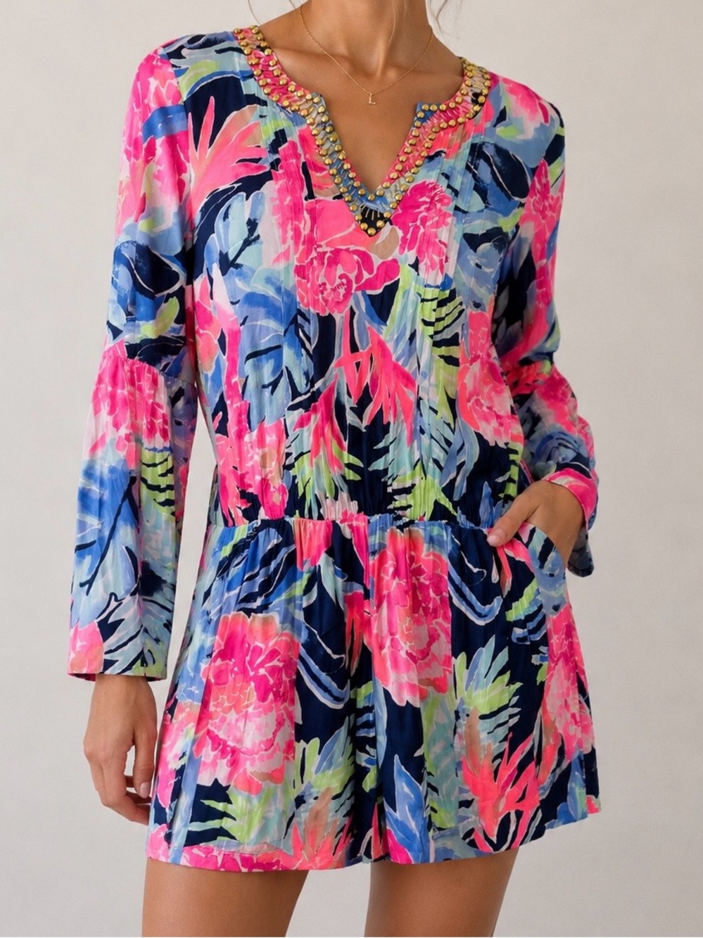 Lilly Pulitzer Beaded Floral Long Sleeve Romper Navy Pink Multicolored Size XS